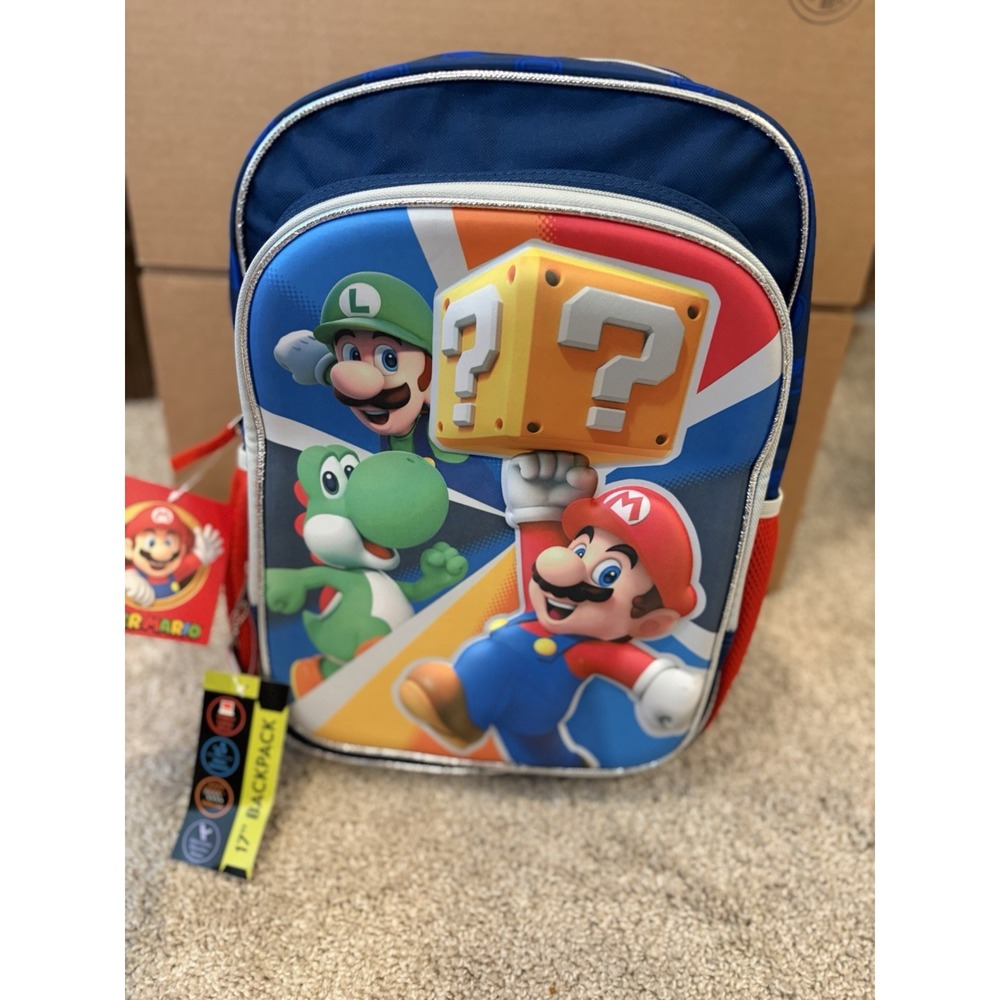 Super Mario Bros 17" Backpack Book Bag Raised Relief Luigi Yoshi Question Blocks